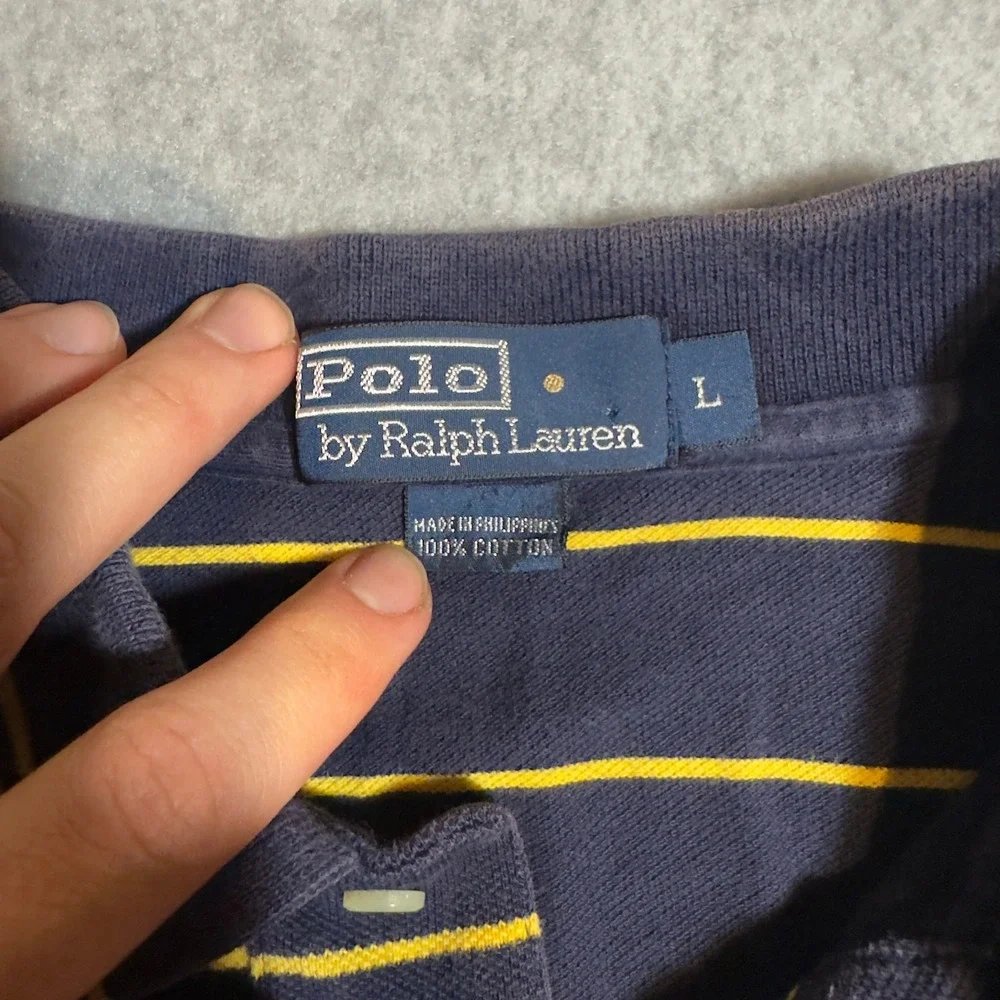 Polo Ralph Lauren Polo Shirt Mens Large Navy Blue Yellow Striped Short Sleeve